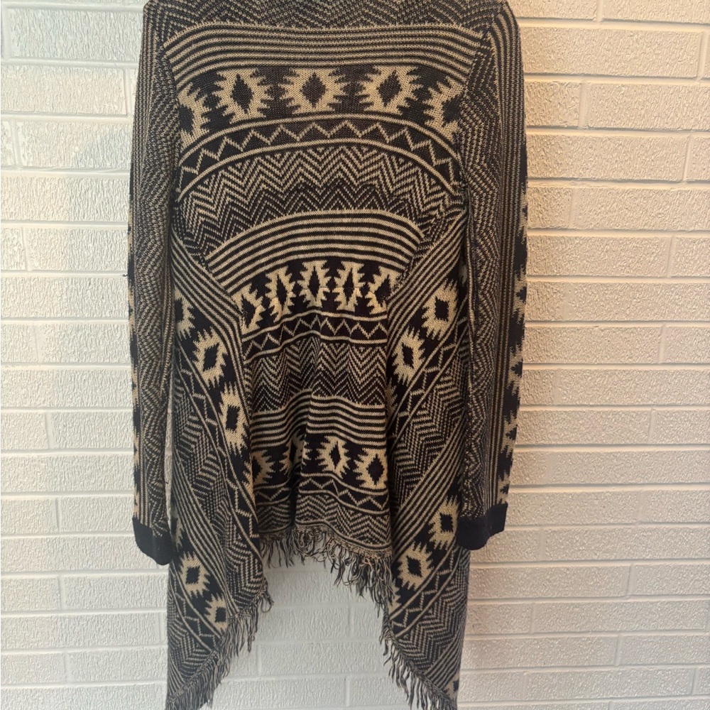 Boho Fringe Open-Front Knit Sweater Cape in Navy and Cream